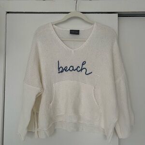 Wooden Ships Cream V-Neck Sweater with Blue 'Beach' Embroidery